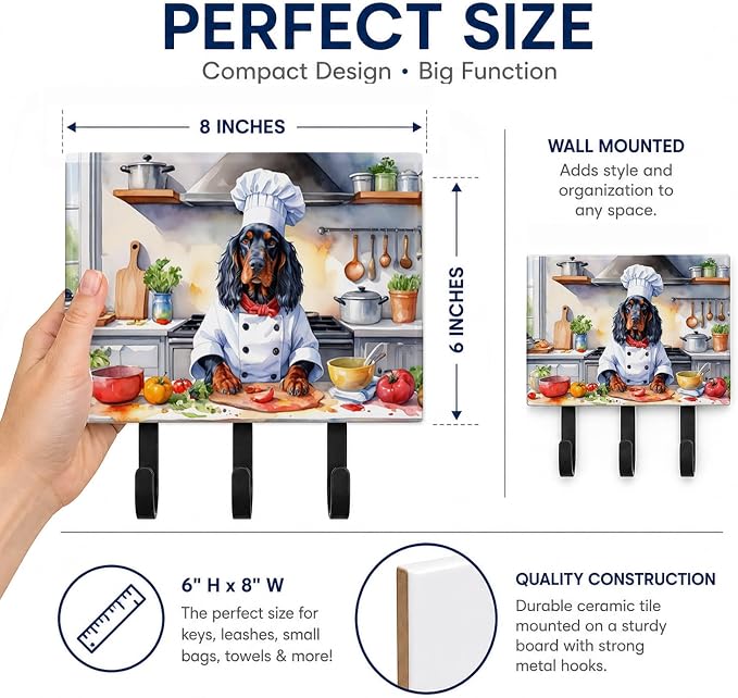 Caroline's Treasures Gordon Setter The Chef Leash or Key Holder Wall Hooks, Key Hooks Holder, Coat Rack Wall Mount, Coat Hooks, Hooks for Hanging Keys, Towels, Aprons, Leashes | Gordon Setter The Chef artwork on ceramic tile with three steel hooks for ...