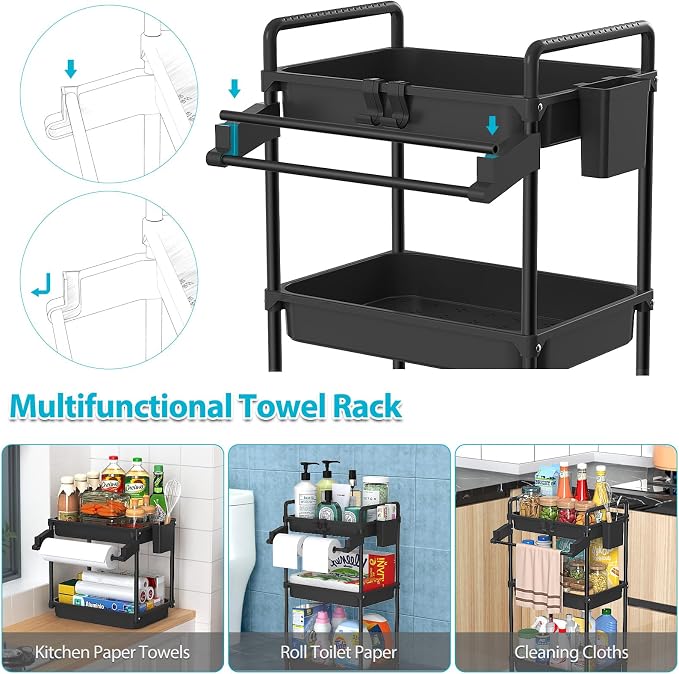 SPACEKEEPER Rolling Storage Cart, 3 Tier Utility Cart for Bathroom, Black | Rolling Cart with Lockable Wheels, Towel Rack, Hooks & Cup for Laundry Room,Kitchen,Office, Snack,Craft,Art,Makeup,Nail,Toys
