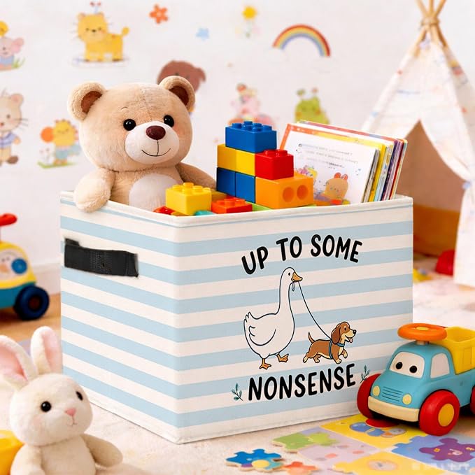 Goose Dog Blue Stripe Foldable Fabric Storage Bin | Up to Some Nonsense blue stripe design; foldable fabric storage bin for kids room, nursery, or playroom.