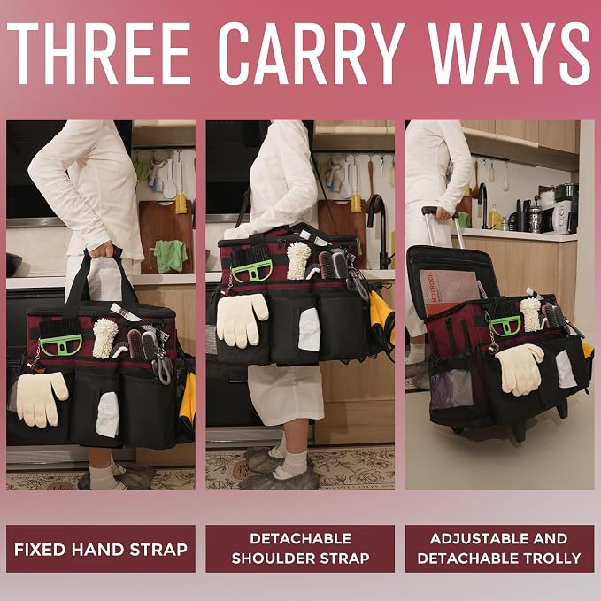 SCAVATA Rolling Cleaning Caddy Bag with Detachable Trolley, Large Cleaning Supplies Organizer with Wheels, Multi-Pocket Cleaning Cart with Adjustable Shoulder Strap for Housekeepers (Magenta)