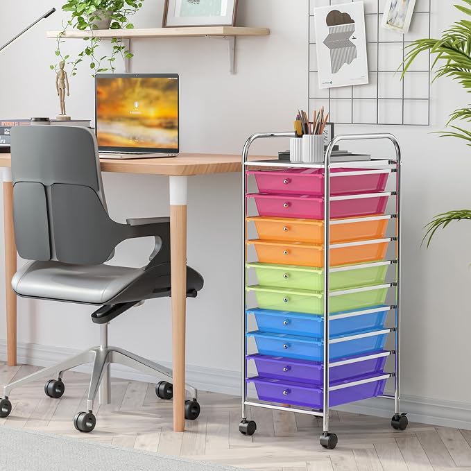 10 Drawer Rolling Storage Cart, Organization Cart with Drawers for Craft Makeup Paper Tool Art Supply, Versatile Utility Cart on Wheels for Home Office Classroom School (Rainbow)