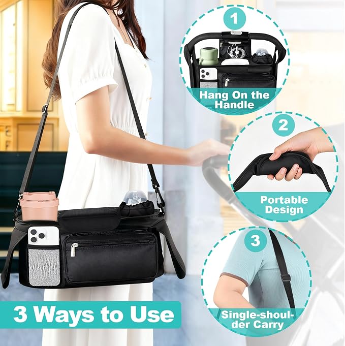 Universal Stroller Organizer with Insulated Cup Holder Detachable Phone Bag & Shoulder Strap, Bag Caddy Fits for Stroller like Uppababy, Baby Jogger, Britax, BOB, Umbrella & Pet Stroller