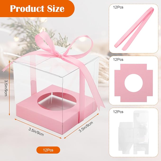 12 PCS Clear Cupcake Boxes 3.5 Inch Cupcake Containers (Pink) | Disposable Cupcake Carrier Plastic Individual Cupcake Storage Holder with Ribbons and Inserts for Wedding, Birthday Party