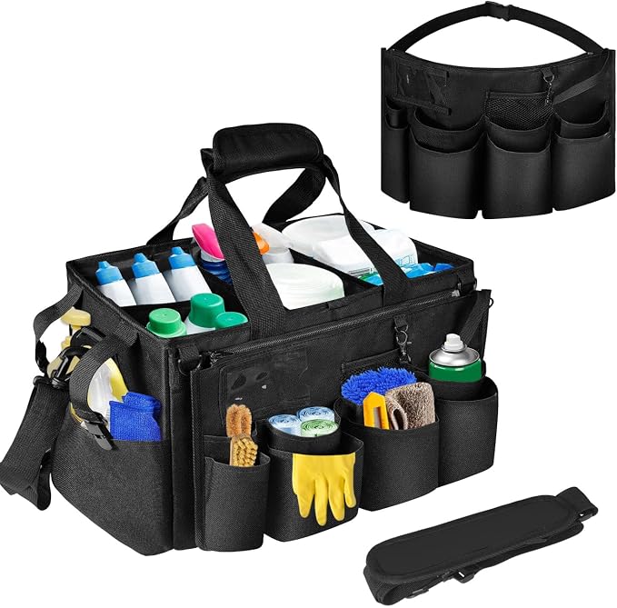 Boczif Cleaning Caddy Bag Wearable,Cleaning Caddy Supplies Organizer（Black） | with Handle, Shoulder Straps & Detachable Divide, Cleaning Tool Organizers Tote Bag for Cleaners & Housekeepers
