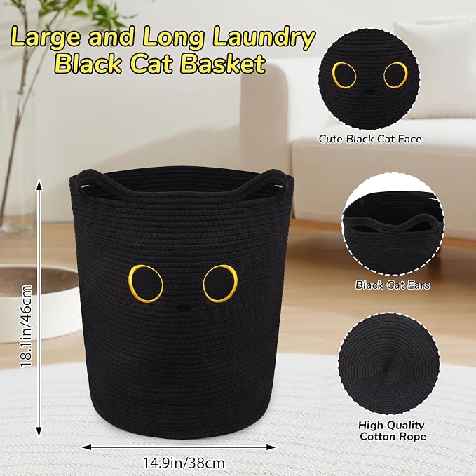 Tall Black Cat Laundry Basket for Nursery, Cute Large Woven Cotton Rope | Blanket Storage Basket , Baby 0rganize Blanket Shower Hamper Box with Handles, 53L Clothes Bins, 15"D×18.1"H