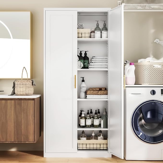 BESFUR Kitchen Pantry Cabinet,71” Metal Tall Pantry Storage Cabinet with Doors and 4 Adjustable Shelves,Kitchen Storage Cabinets White Freestanding Food Cabinet for Pantries, Kitchen