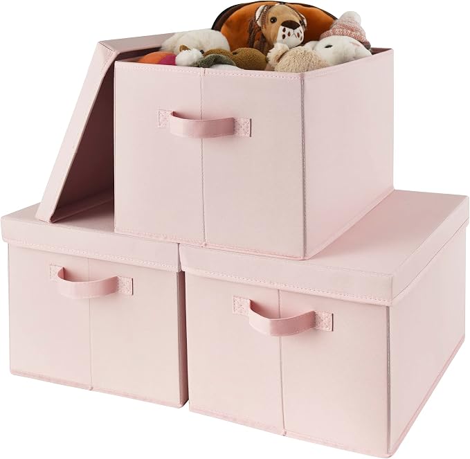 GRANNY SAYS Storage Bins with Lids, Decorative Storage Boxes with Lids | Storage Box with Dust Cover, Handles & Lable, Collapsible, Ideal for Closet Clothes Blanket Toys, Large, Pink, 3-Pack
