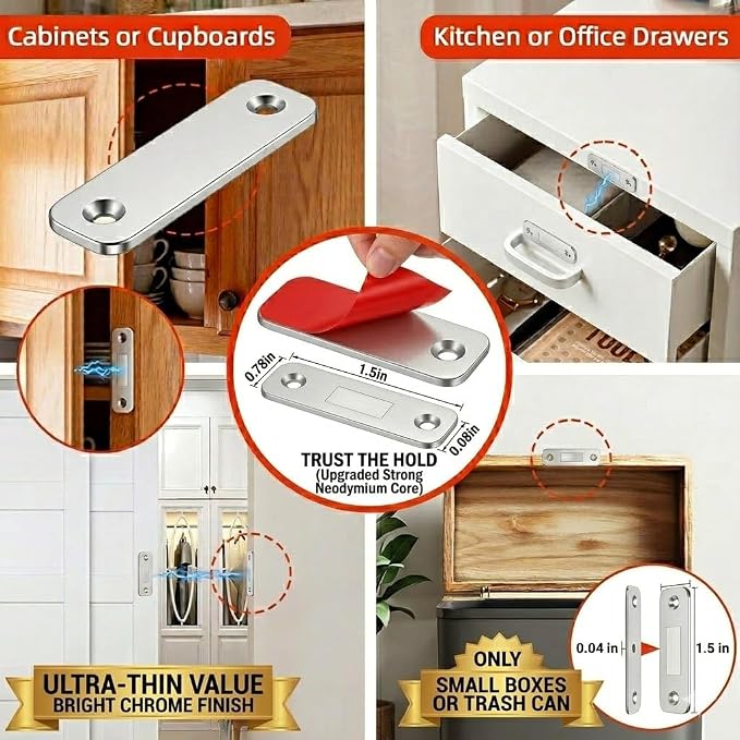 8-Pack Ultra-Thin Magnetic Cabinet Catch No-Drill Strong Adhesive Latch