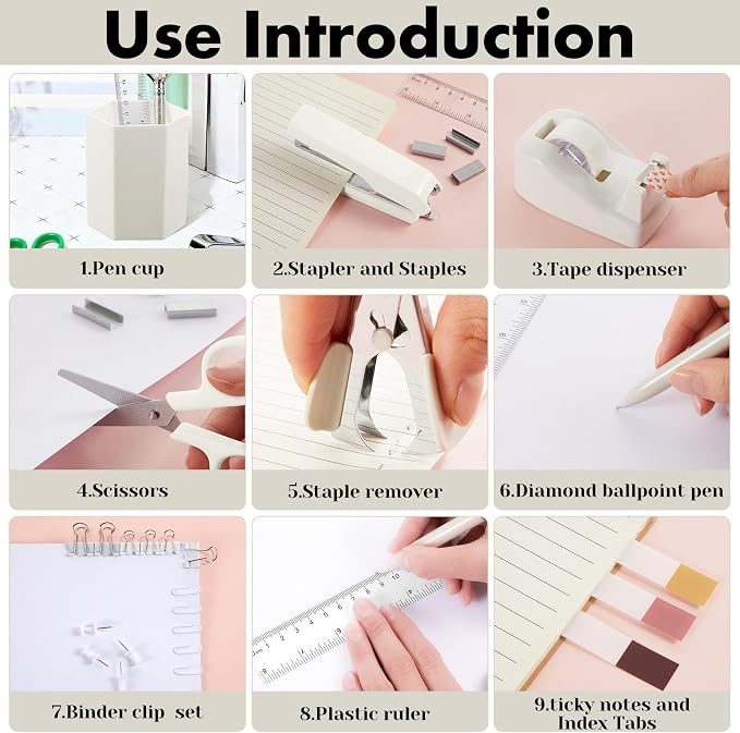 Marspark 12 Pcs Beige Desk Accessory Set Office Supplies Kit | Stapler Tape Dispenser Pen, Scissors Ruler Staple Remover Clips Sticky Notes, Beige Desk Supplies, Stationery Kit