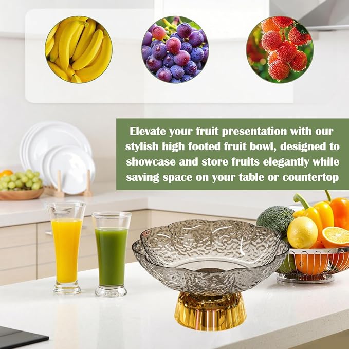 Fruit Bowl Pedestal Bowl Footed Wedding Fruit Stand Multipurpose Storage Organizer for Kitchen Counter Snack Bread Dessert, C Gray and Gold