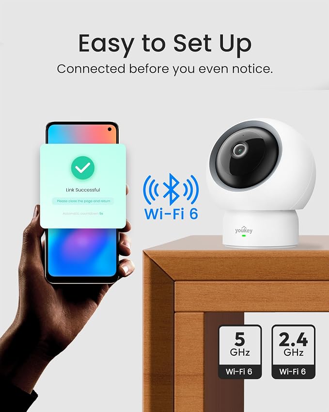 youkey 2.5K Indoor Pet Security Camera, Two-Way Audio Chat to Your Pets, AI Pet/Human Detection, 360° AI Human Tracking, Privacy Mode, No Monthly Fees, Night Vision, WiFi 6（2.4GHz & 5GHz）
