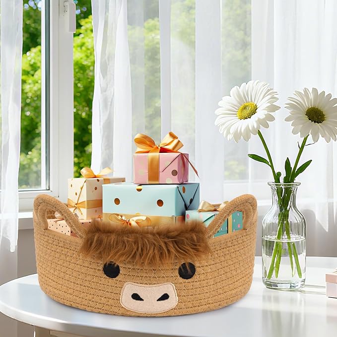 Oval Highland Cute Cow Basket for Nursery, Small Woven Gift Basket | Rope Cotton Storage for Gifts Empty, Baby Shower Blanket 0rganizer with Handles,Towel Decorative Bins, 12"D x 5"H IN