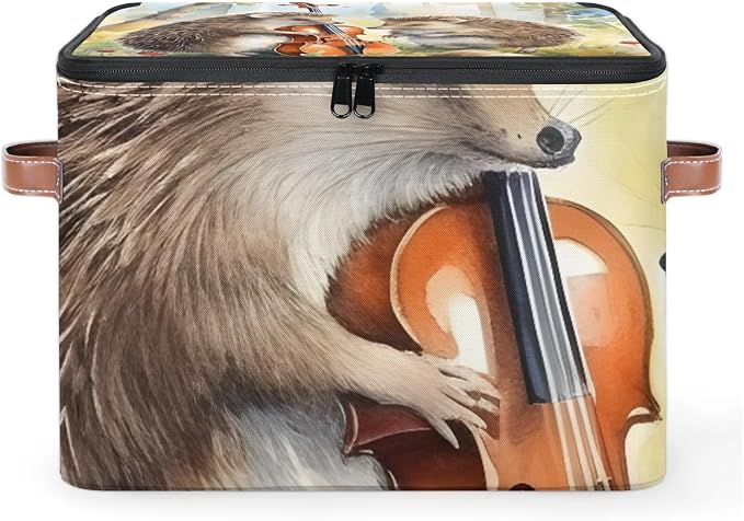 Hedgehog Jungle Animal Foldable Storage Bin with Lid Zipper | Closet Shelf Organizer, Boxes, Basket Containers for Home, Lidded Storage Cube for Bedroom, Waterproof, with Handles