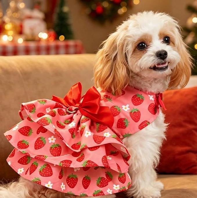 PUPTECK Summer Dog Dress with Bow and Leash Ring, Pink Strawberry XS | Cute Adorable Breathable Mesh Dog Clothes for Small Medium Dogs Puppy Cats, Pet Outfit Apparel for Birthday Party