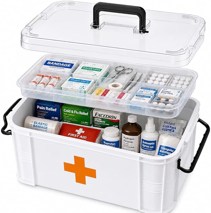 White Large Empty Medical Box for Home Emergency Supplies, Travel, Car, and Dorms – Compact First Aid Box with Handle, Detachable Tray and Locking Lid – Medical Organizer and First Aid Kit Storage