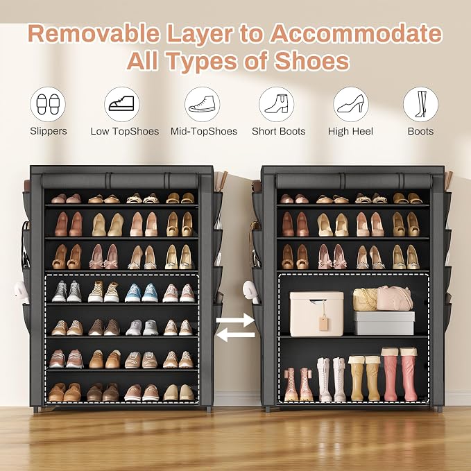 VTRIN Shoe Rack with Cover, 7 Tier Shoe Organizer Storage for 35-40 Pairs Shoes and Boots Large Capacity Tall Shoe Shelf with 8 Pockets Free Standing Shoe Rack for Closet, Entryway, Garage