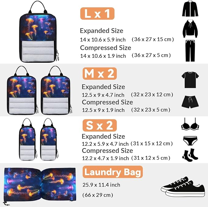 Jellyfish 6 Set Compression Packing Cubes Ocean Animal Expandable Packing Organizer for Travel Accessories Luggage Suitcase Bag