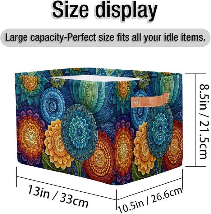 Mandala Basket Storage Bins Rectangle Canvas Basket Cube Storage Box | Nursery Foldable Basket with Handle for Kids Girls Boys Toys Living Room Closet Organizer Shelf Gifts Colorful Bohemian
