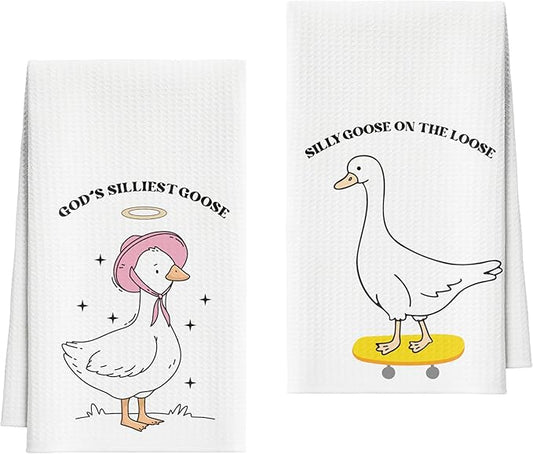 Kitchen Towels Set of 2, Silly Goose Dish Towel for Bathroom Kitchen, Cute Animals Decorative Hand Towels, Fast Drying Tea Towel, Housewarming for Goose Lovers Women Mom -03