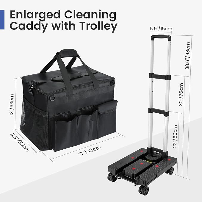 Housolution Extra Large Rolling Cleaning Caddy Bag with Wheels, Black | Upgrade 360° Free Rotating, Detachable Trolley & Dust-Proof Lid, High load Bearing & Waterproof