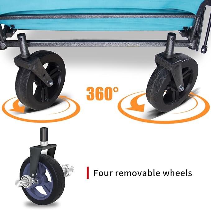 Foldable Wagon with Canopy - Collapsible Utility Cart with 2 Seats & Belts, Adjustable Handle, Expandable Front for Camping, Picnic, Shopping (Turquoise/Grey)