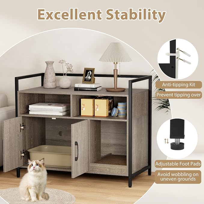 Giantex Cat Litter Box Enclosure - Cat Washroom Hidden Furniture with Front Entry, Scratcher, 2-Door Storage Cabinet, 2 Compartments, Air Vents, Metal Frame, Wooden Pet Crate House (Oak Gray)