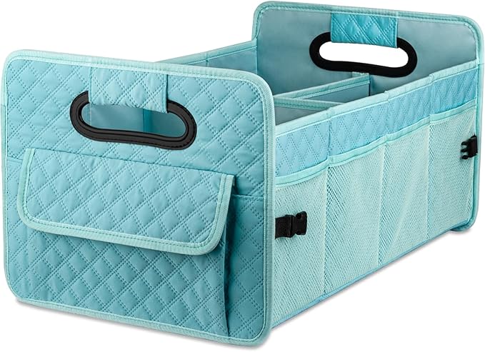 Car Trunk Organizer for SUV, Collapsible Car Storage Organizer Lake Blue | Sturdy, Large Capacity, Diamond Decor, Multi Compartment Container Box Adjustable Car Accessories for Sedan Truck