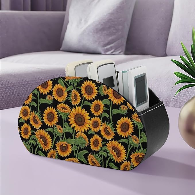 Leather Remote Control Holder Giant Sunflower Black Office Desk Organizer | with 5 Compartments, Giant Sunflower Black Caddy Storage Box for TV Remotes, Media Controllers, Makeup Brush