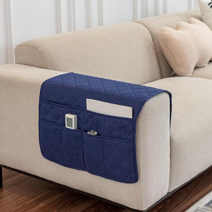 Arm Rest Covers for Sofa with 6 Pockets for Magazine Remote Control Couch Arm Covers Decorate Furniture Ant-Slip Armrest Organizer(Blue)