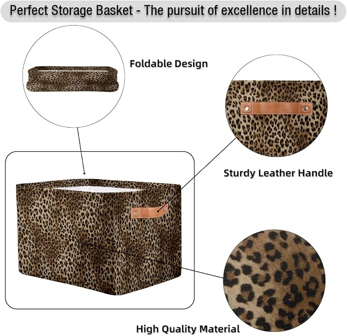 Basket Storage Bins Animal Leopard Cheetah Skin Rectangle Cube Basket Box Kids Girls Boys Toys Organizer Beaket Decor Foldable with Handle for Living Room Bedroom Closet Nursery Office Shelf Gifts