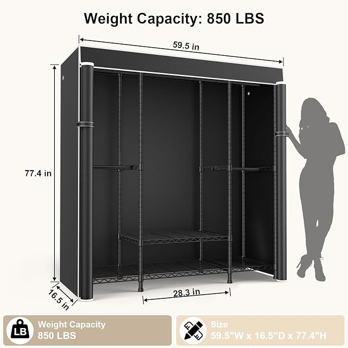 E3C Heavy Duty Portable Closet Wardrobe with Black Fabric Cover | Freestanding Metal Closet System Storage Organizer for Clothing, Clothing Rack Holds up to 850 lbs, 59.5"W x 16.5"D x 77.4"H