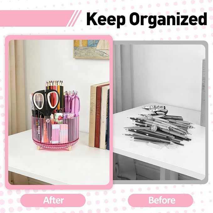 360 Rotating Pen Pencil Holder for Desk, Pen Organizer with 5 Slots | Makeup Brush Holder, Desk Organizer and Accessories, Cute Pencil Cup Caddy for Office School Home Decor Art Supply (Pink)