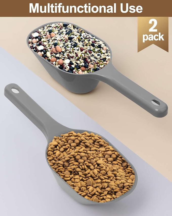 2 PACK Dog Food Scoop,1 Cup Capacity Pet Food Scoop For Dog and Cat (Grey) | Clear Markings for Precise Measuring 1/2 and 1 Cup Lines,Dishwasher Safe,Plastic,Portable and Sturdy