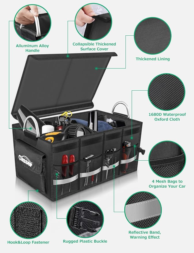 Oasser Trunk Organizer with Sturdy Hard Lid, Large, Black | Aluminium Alloy Handle, supports up to 110lb load, 1680D Splash-Resistant Material, Reflective Strip, Anti-slip bottom