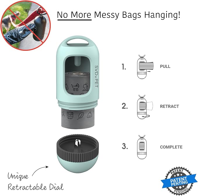 SVD.PET Dog Poop Bag Dispenser, Waste Bag Retractable, Misty Jade | Portable Poop Bag Holder, Fits Any Dog Leash, Leak-Proof Bag Starter Roll Included, Dog Walking & Travel Accessory