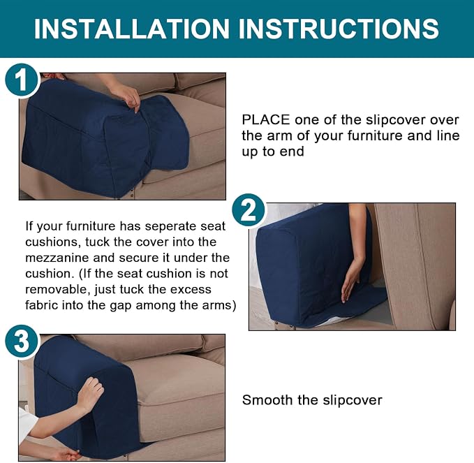 2-Pack Waterproof Armrest Covers for Couches & Chairs – Anti-Slip Furniture Protectors with Side Pockets, Washable Sofa Arm Covers, Universal Stretch Fit (Fits Most Armrests) (Navy)