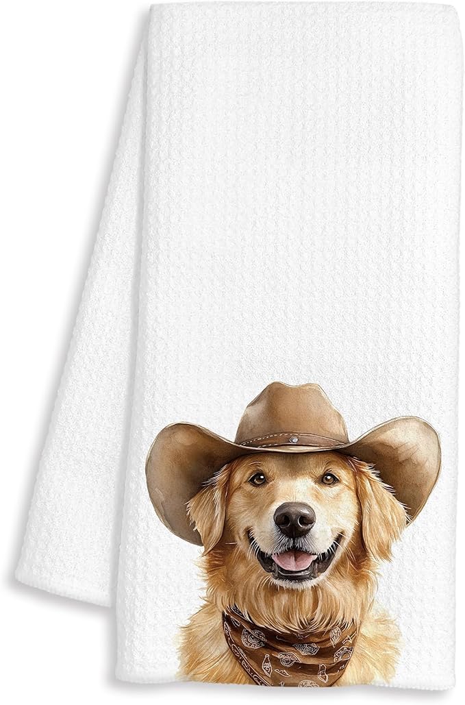 Western Golden Retriever Dog Gifts Kitchen Towels Decorative - Gifts for Golden Retriever Lovers Dish Tea Towels for Kitchen Drying, Cowboy Dog Hand Towels for Bathroom Decor, 16x24 Inch