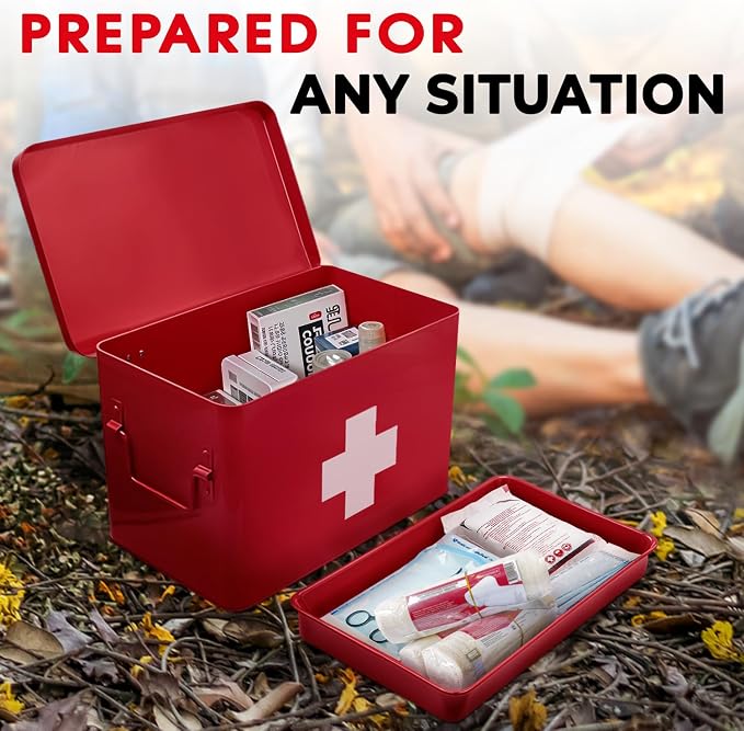 Plexon 8.5" Metal First Aid Box Empty, Medicine Storage Bin with Lid, Emergency Supplies Organizer, Portable First Aid Kit Case, Red