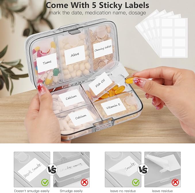 FYY Travel Pill Organizer, Large Weekly Medicine Pill Organizer-Grey | Airtight Moistureproof Medicine Case, Easy to Use, 8 Compartment Pill Box for Vitamins, Fish Oil, Supplements, Mini First Aid