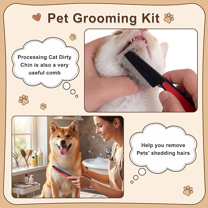 Zhehao 8 Pcs Pet Grooming Kit - Dematting Combs, Slicker Brush, Steel Comb Deshedding Brush, Flea Comb, Undercoat Rake for Detangling Long Matted Fur Hair from Dogs, Cats, Poodles, Anti-slip Handle