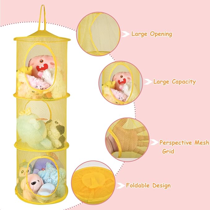 ChezMax Hanging Mesh Stuffed Animal Storage - 3 Tiers 3 Pack Large Stuffed Animal Net Organizer, Foldable Space Saver Bags Plushie Basket Organization Holder Room Bedroom Playroom Yellow Blue Pink