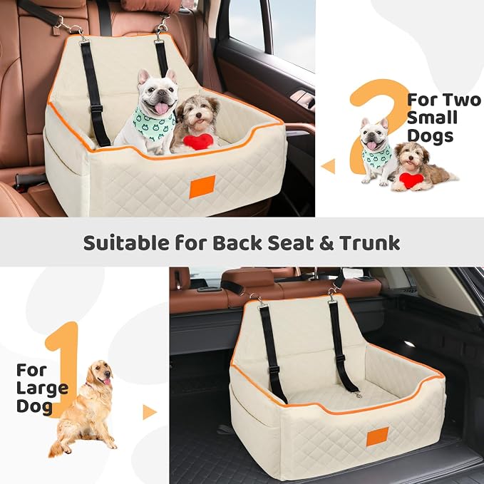XIEEAOZEE Dog Car Seat for Large/Medium Pet Under 55Lbs or 2 Small Dogs | Detachable and Washable Booster Dog Seat Travel Pet Seat with Thick Cushion & Storage Pockets (Beige)