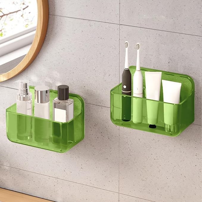 CGBE 2-Pack Cabinet Door Organizer, Self Adhesive Bathroom Shelves, Green | Acrylic Shower Caddy, Wall Mounted Storage, No Drilling, Automatic Draining, For Cabinet Door and Shower Wall