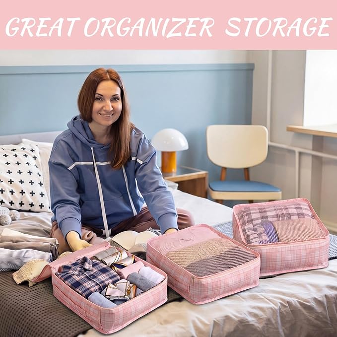 Silkfly 8 Pcs XL Packing Cube for Travel Luggage,Plaid,Pink | 17.7 x 13 x 4.7, Same Size, Pink Plaid Suitcase Storage Organizer Set, Reusable Mesh Clothes Cube for Hiking Camp Family