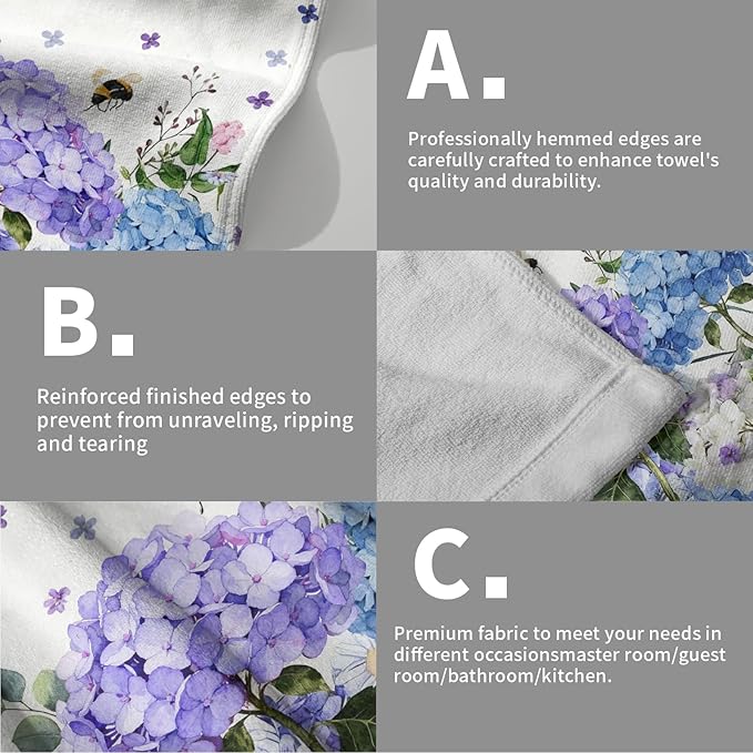 Giwawa Hydrangea Flowers Towel Set of 2 Blue Purple Watercolor Spring Summer Floral Bees Decorative Hand Towels Soft Microfiber Seasonal Face Towel Washcloth for Bathroom Guest Gym Spa Hotel