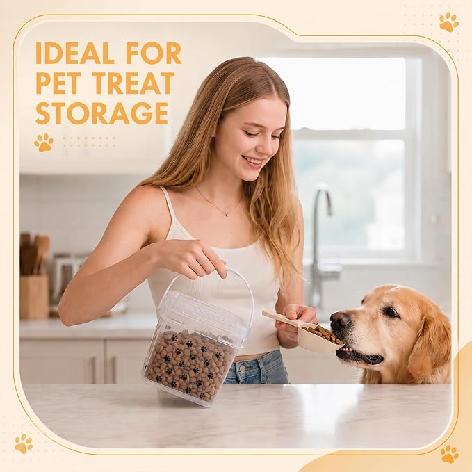 4 Pack Clear Dog Snack Container with Handle Plastic 5.5/3.3/2.2lb | Paw Themed Print, Square, Anti Drop, Stackable Storage Buckets with Lid, Pet Food Bins for Dog Kibble, Cat Snacks, Pantry