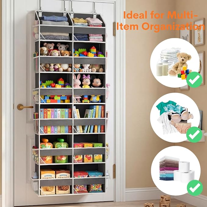 Over the Door Organizer 6 Tiers, Extra Large Behind Door Storage of 12 Compartments, 80 lbs Weight Capacity Hanging Storage Organizer with Clear Window Kids Toys, Shoes, Diapers, Room storage