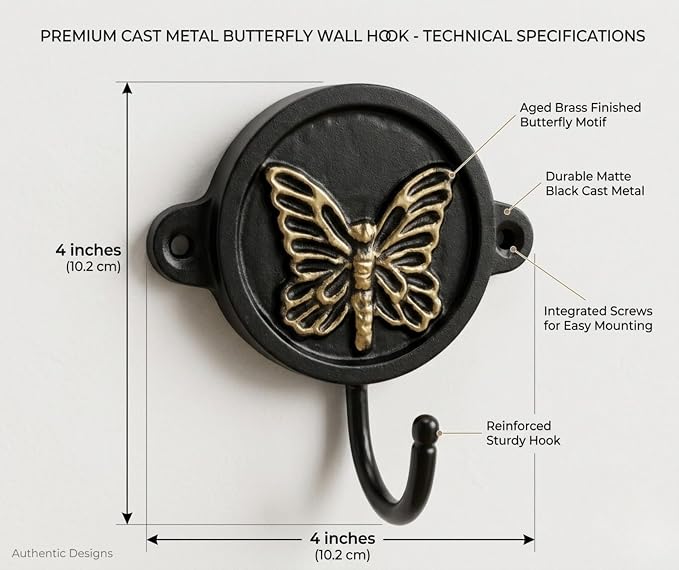 Aluminium Butterfly Print Wall Hook for Home Décor | Decorative Heavy Duty Wall Mounted Hook Rack for Coat, Keys, Towels, Bags & Hats | Rustic Vintage Organizer for Entryway, Bathroom & Bedroom