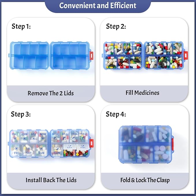 NEW Foldable & Double Protection Portable Weekly Pill Organizer 2 Times A Day with Etched Labels, AM PM 7 Day Week Medicine Box, Daily Travel Pill Case Dispenser for Vitamin, Supplement - Clear Blue