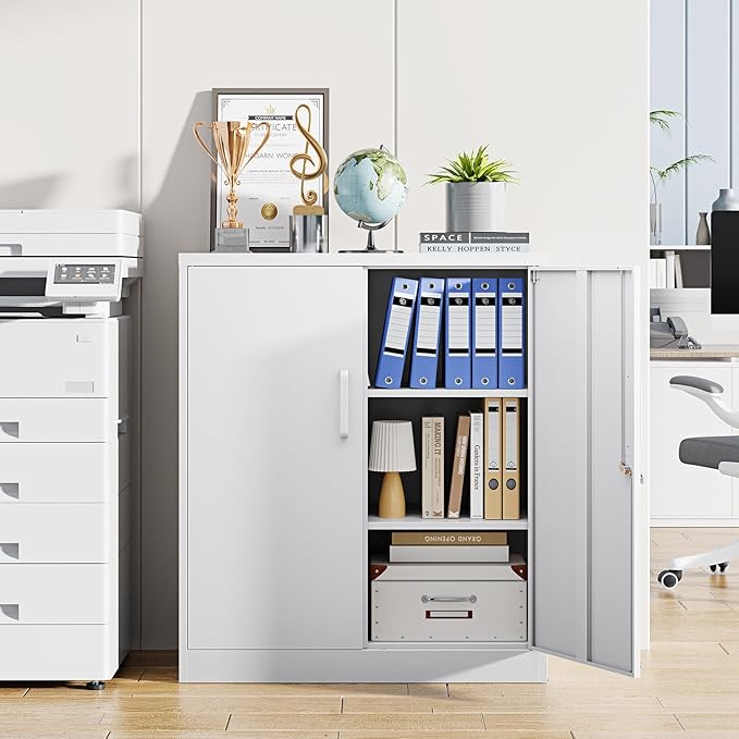 Metal Storage Cabinets with Lock, Small Locker Organizer Steel Cabinets, Adjustable Layers Shelves 2 Doors for Home, Office, Warehouse,Garage,Industrial,Employee Lockers (White-36)